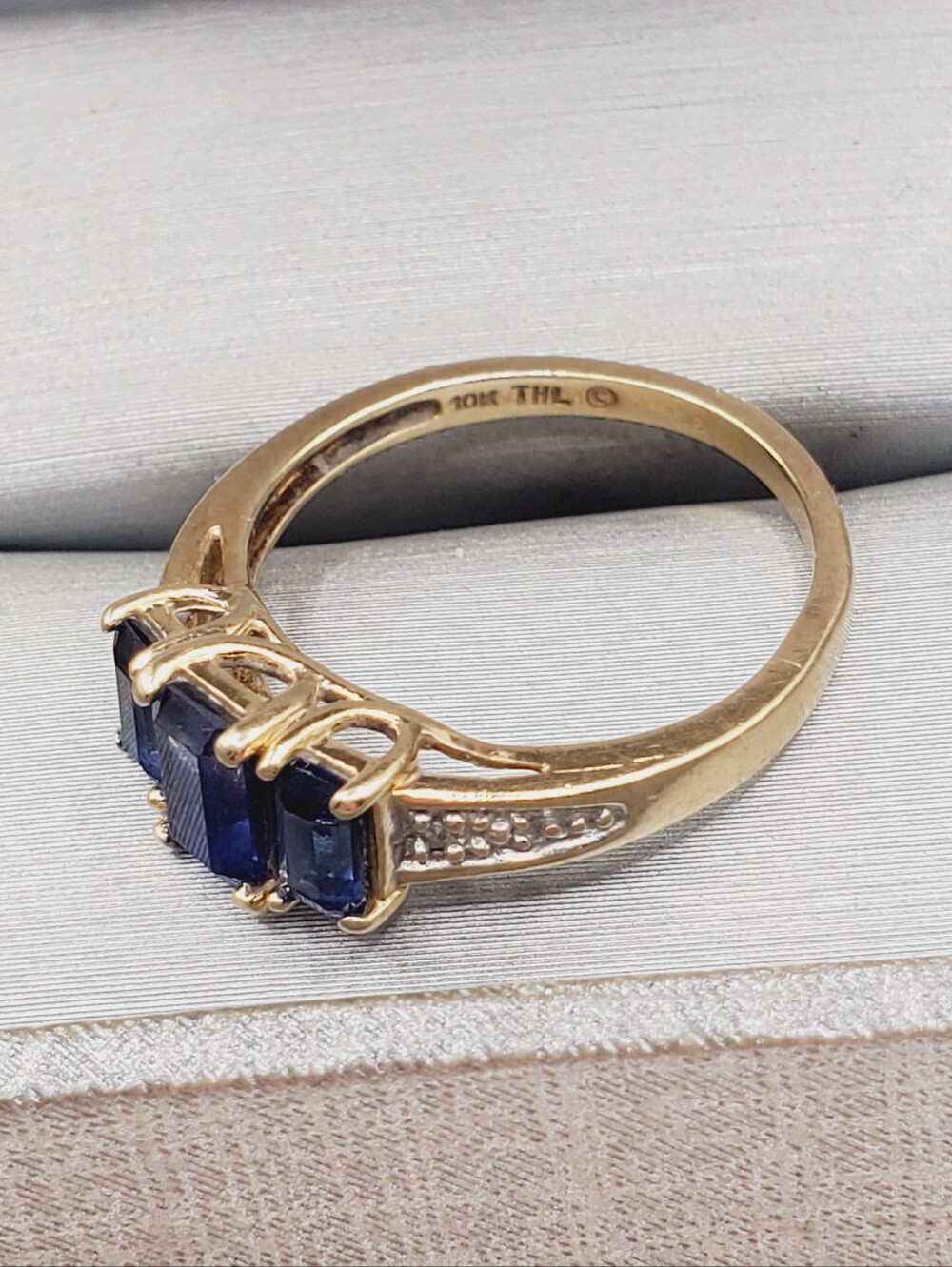 10k Solid Yellow Gold Ring with Three Blue Sapphire Radiant Cut Stones - Picture 6 of 11